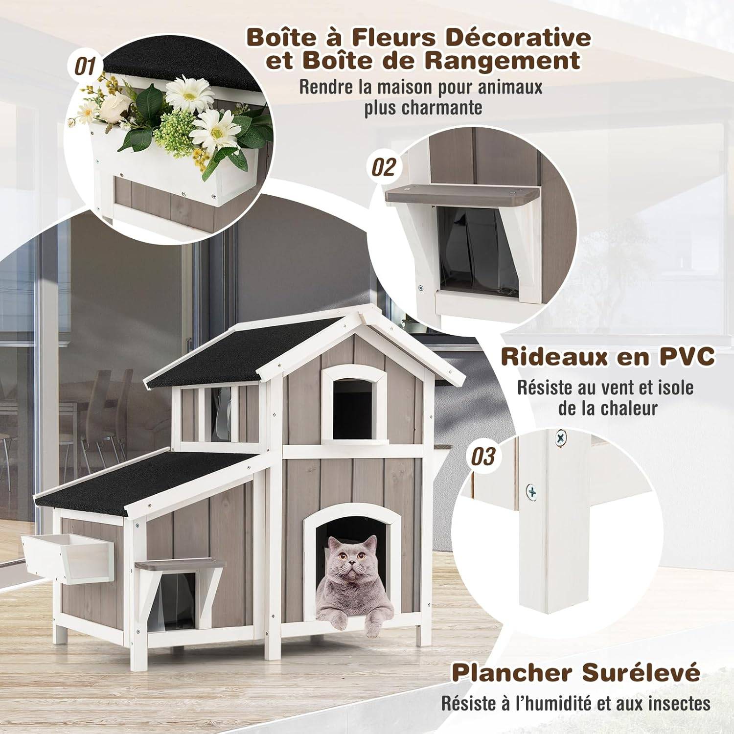 COSTWAY Niche pour Chat Exterieur, Maison Chat en Bois 2 Étage, 3 Compartiments, Toit en Asphalte, Cabane Chat Exterieur Interieur,100 x 64 x 82,5 cm - Image 6