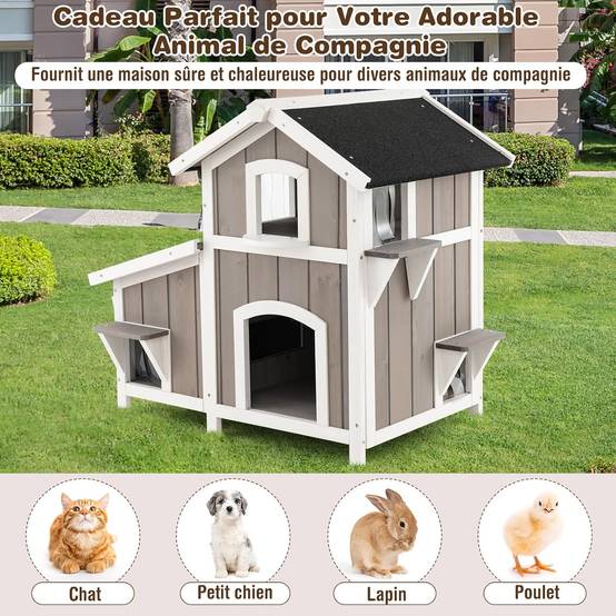 COSTWAY Niche pour Chat Exterieur, Maison Chat en Bois 2 Étage, 3 Compartiments, Toit en Asphalte, Cabane Chat Exterieur Interieur,100 x 64 x 82,5 cm - Image 5