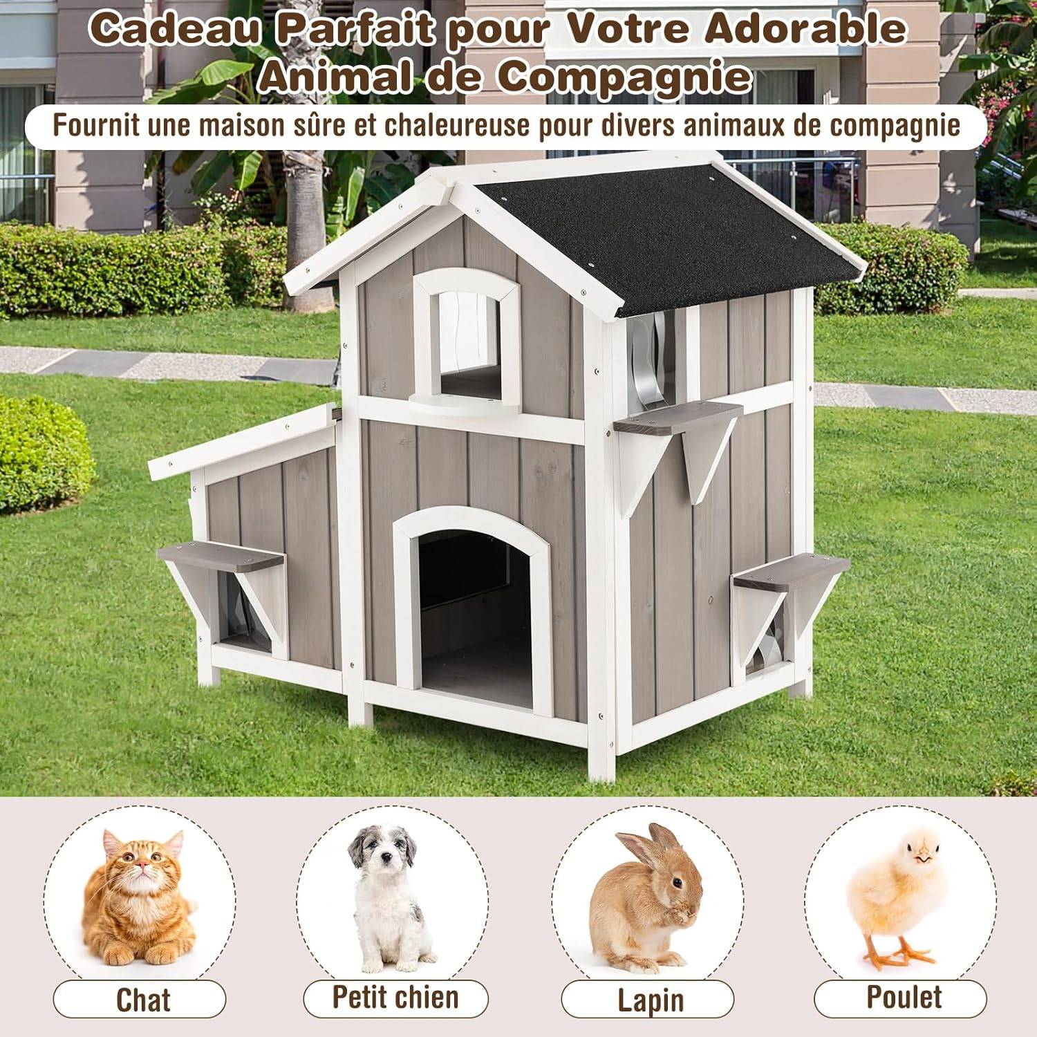 COSTWAY Niche pour Chat Exterieur, Maison Chat en Bois 2 Étage, 3 Compartiments, Toit en Asphalte, Cabane Chat Exterieur Interieur,100 x 64 x 82,5 cm - Image 5