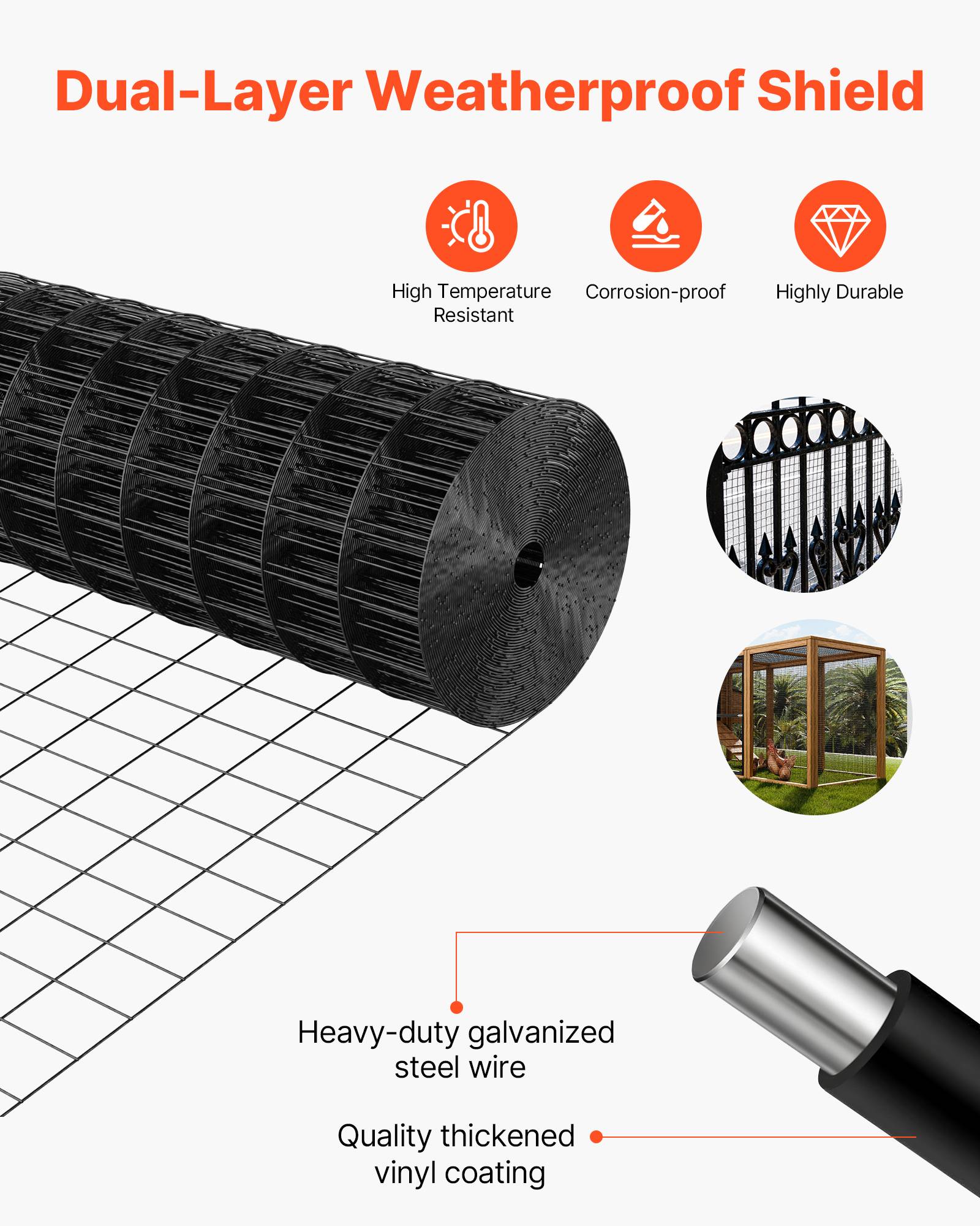 Vevor - VEVOR Grillage métallique noir 61 cm x 7,6 m, maille 5 x 7,5 cm, fil galvanisé revêtu PVC calibre 16 pour jardin et enclos - Image 4