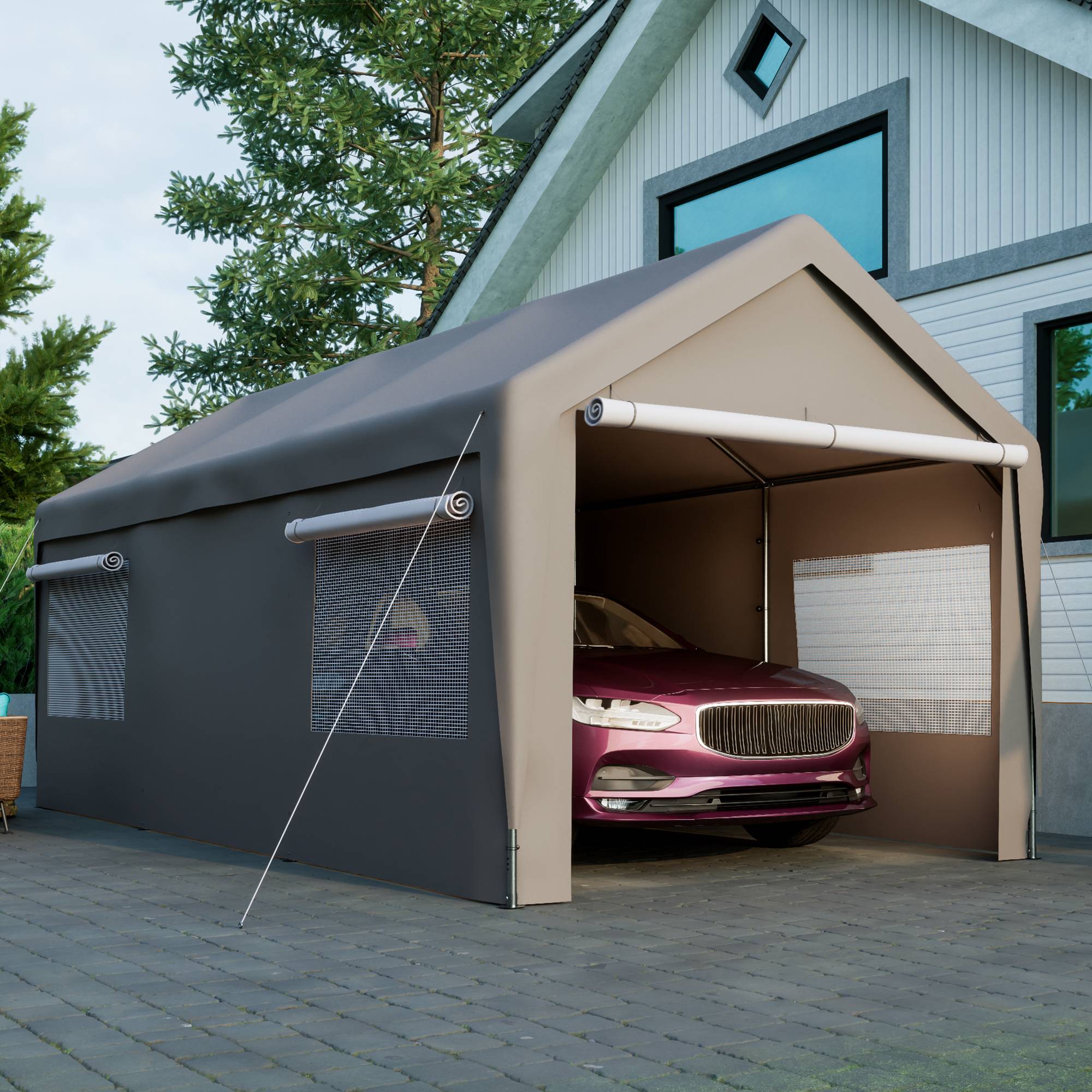 Tente-garage carport 593×311×277 cm, toit amovible, parois et fenêtres, acier galvanisé gris - Image 4