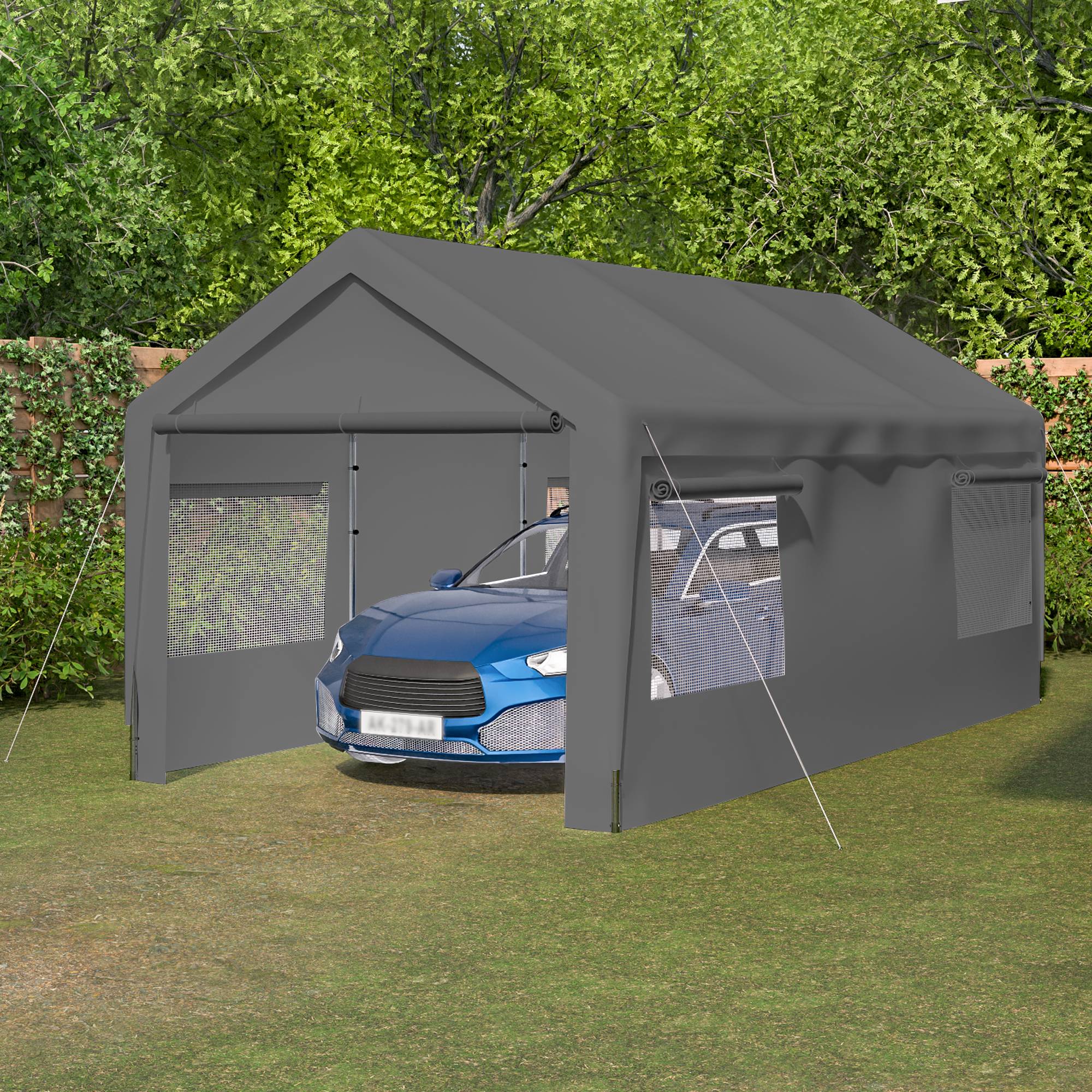 Tente-garage carport 593×311×277 cm, toit amovible, parois et fenêtres, acier galvanisé gris