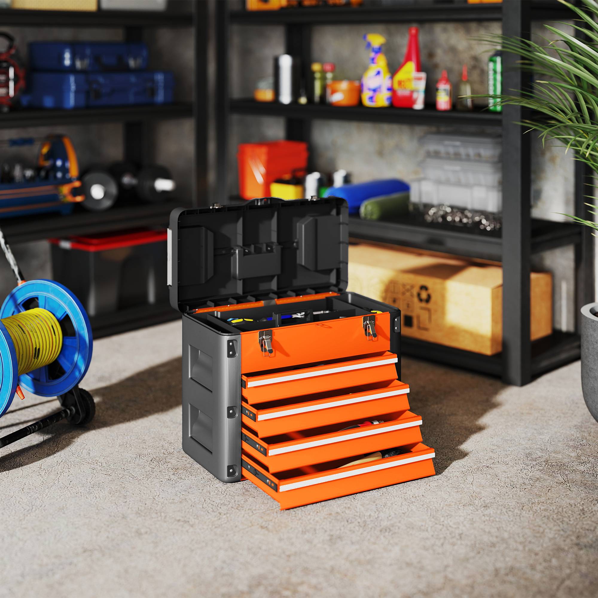 Sans Marque - Boîte à outils vide, 49,7 x 25,3 x 40,7 cm boîte à outils avec 4 tiroirs, mini boîte en acier orange - Image 3