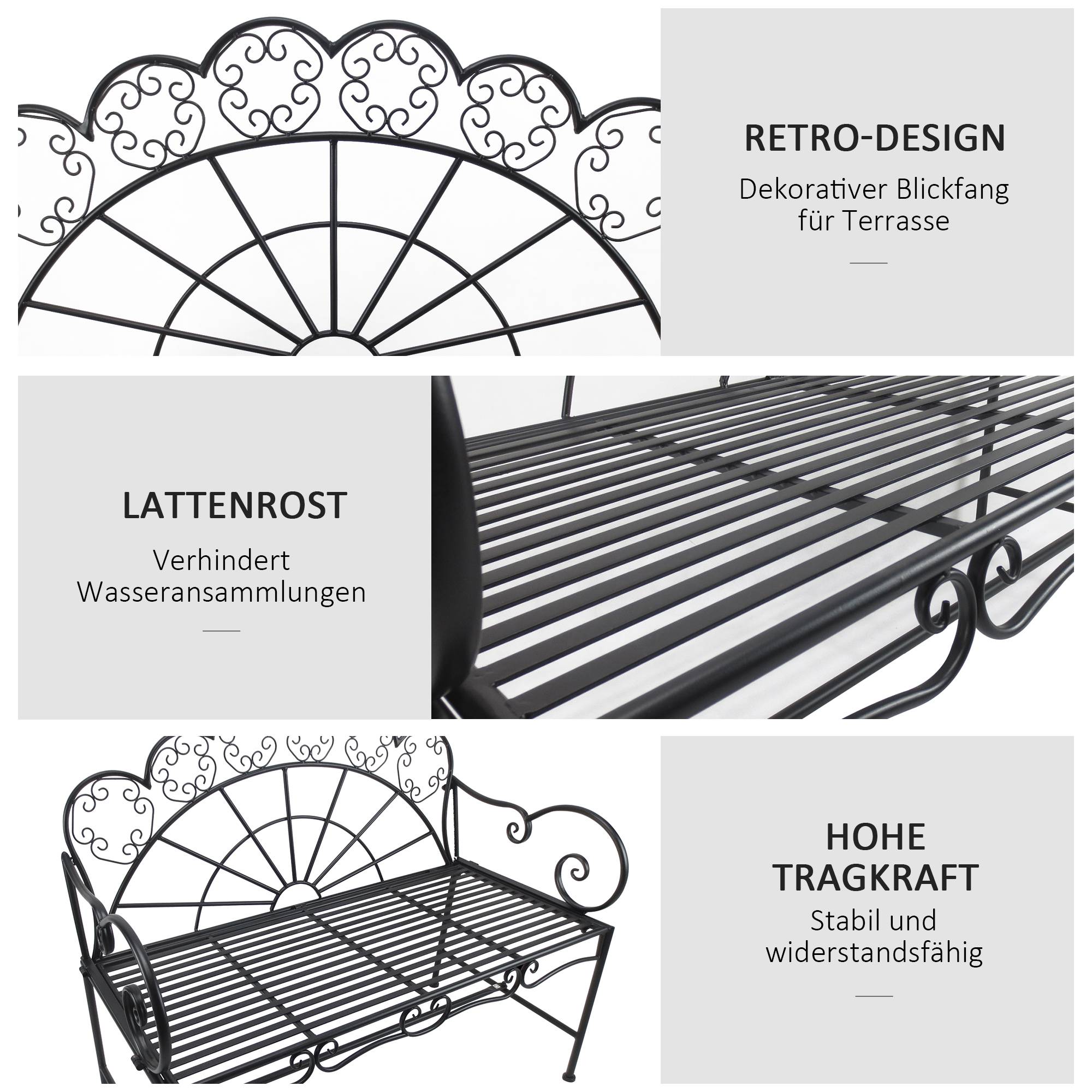 Banc de jardin 2 places en métal 107 x 55,5 x 90,5 cm Robuste en inox résistant aux intempéries pour balcon de jardin Park Black - Image 5
