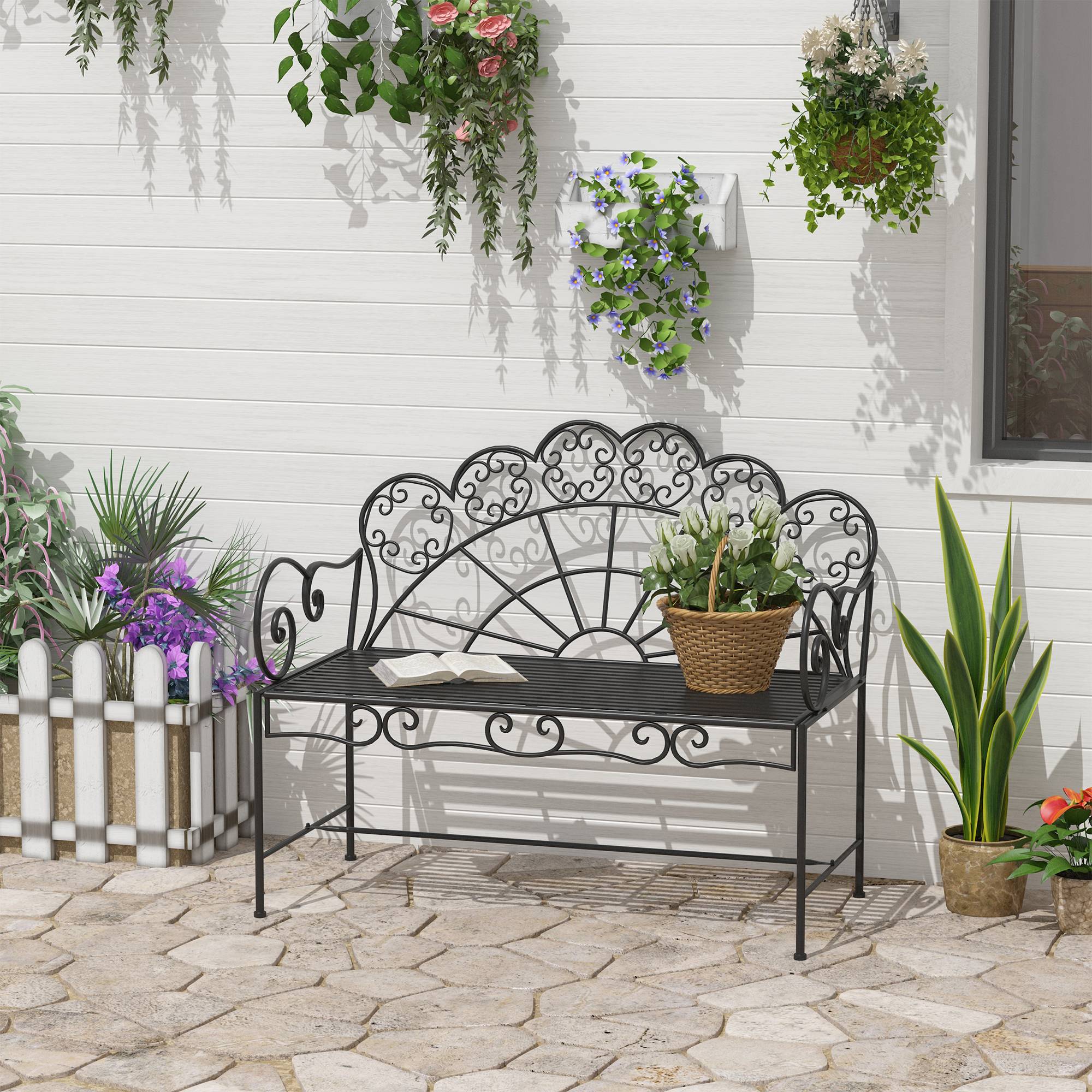 Banc de jardin 2 places en métal 107 x 55,5 x 90,5 cm Robuste en inox résistant aux intempéries pour balcon de jardin Park Black - Image 2