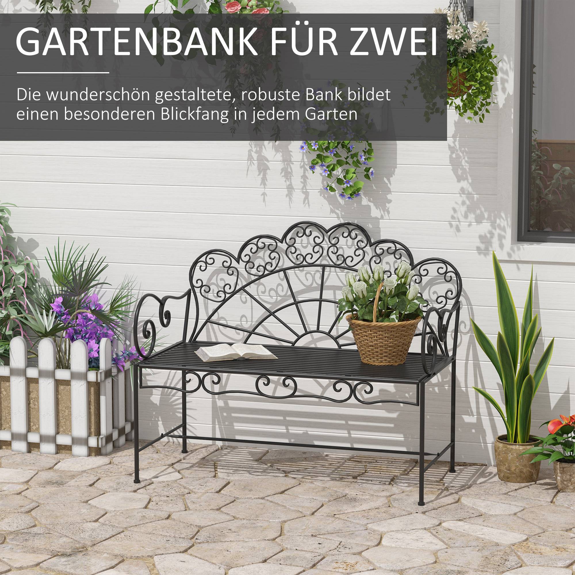 Banc de jardin 2 places en métal 107 x 55,5 x 90,5 cm Robuste en inox résistant aux intempéries pour balcon de jardin Park Black - Image 4