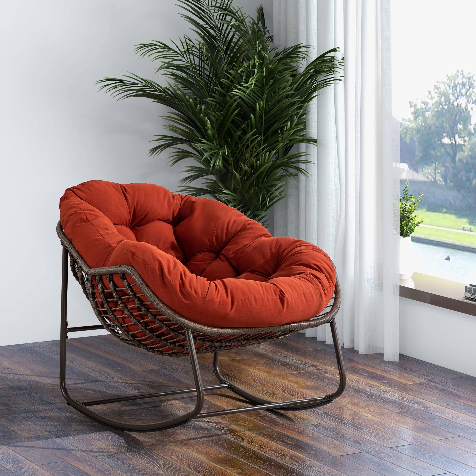 Fauteuil à bascule rotin synthétique extérieur coussin rembourré orange 90x106cm - ComfortXL Outdoor Living - Image 1