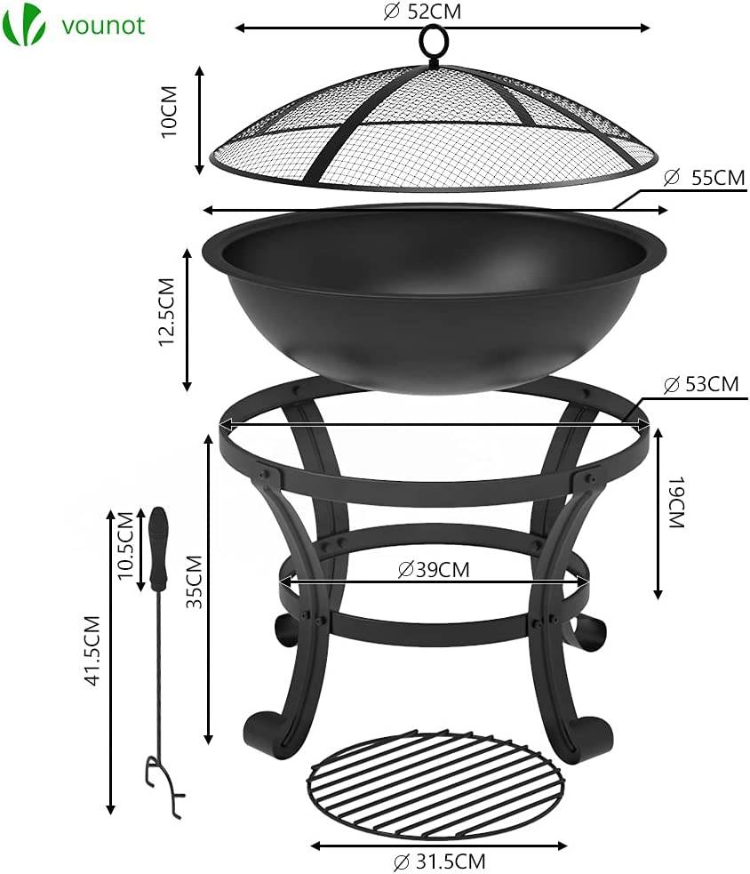 Vounot - Brasero extérieur Ø55cm - acier - avec grille tisonnier et couvercle - chauffage à charbon de bois noir VOUNOT® - Image 3