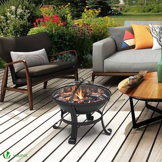 Vounot - Brasero extérieur Ø55cm - acier - avec grille tisonnier et couvercle - chauffage à charbon de bois noir VOUNOT® - Image 5