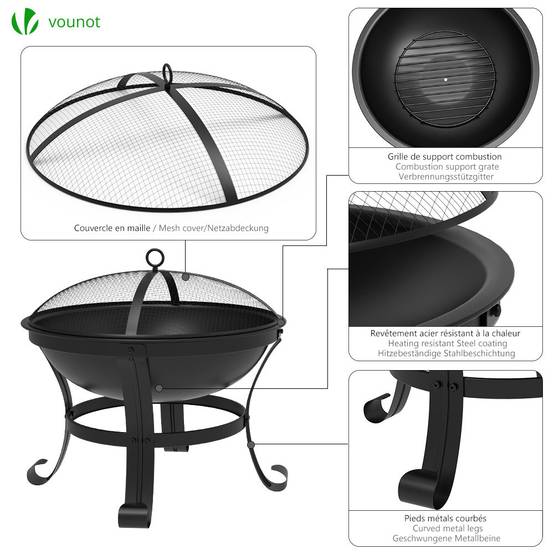 Vounot - Brasero extérieur Ø55cm - acier - avec grille tisonnier et couvercle - chauffage à charbon de bois noir VOUNOT® - Image 2