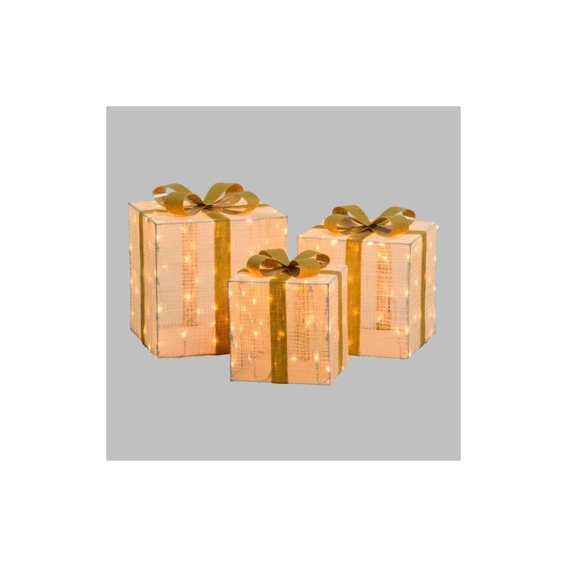 Lotti - Lot de 3 Paquets Cadeaux 3D lumineux H40 35 30cm LED ambré fil tressé crème et marron Lotti - Imagen 5