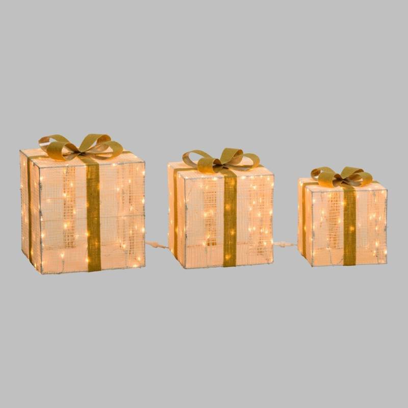 Lotti - Lot de 3 Paquets Cadeaux 3D lumineux H40 35 30cm LED ambré fil tressé crème et marron Lotti - Imagen 3