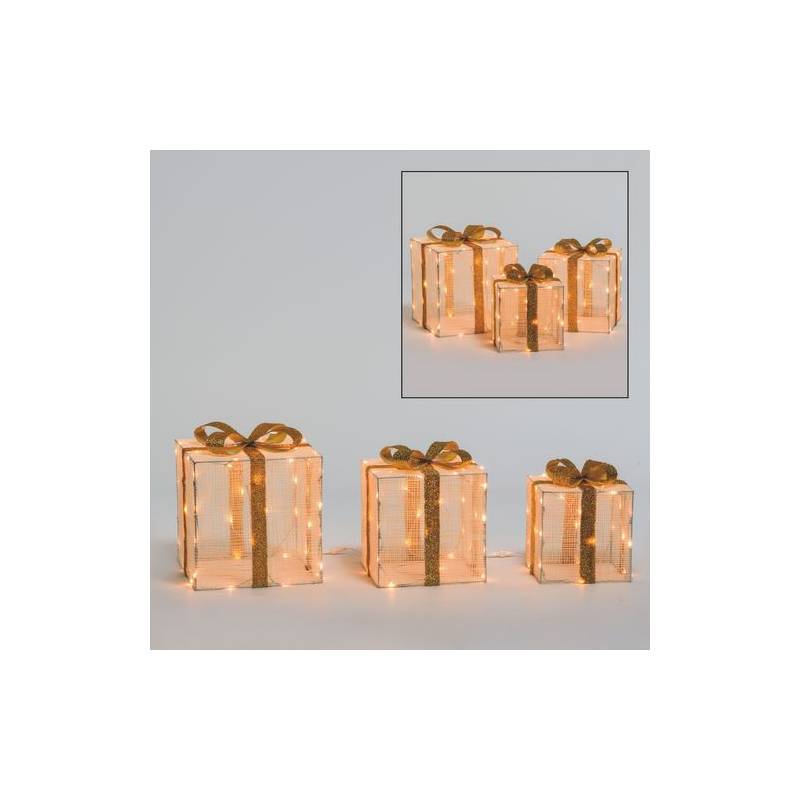 Lotti - Lot de 3 Paquets Cadeaux 3D lumineux H40 35 30cm LED ambré fil tressé crème et marron Lotti - Imagen 10