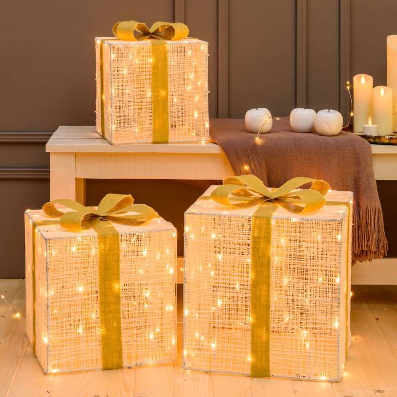 Lotti - Lot de 3 Paquets Cadeaux 3D lumineux H40 35 30cm LED ambré fil tressé crème et marron Lotti - Imagen 7
