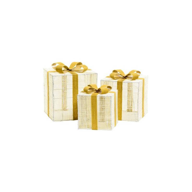 Lotti - Lot de 3 Paquets Cadeaux 3D lumineux H40 35 30cm LED ambré fil tressé crème et marron Lotti - Imagen 6