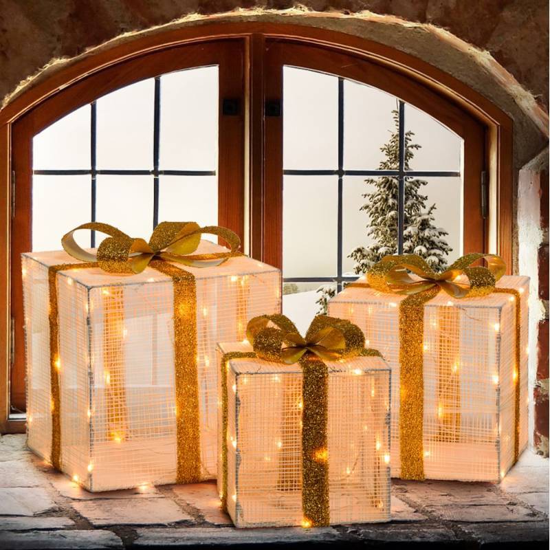 Lotti - Lot de 3 Paquets Cadeaux 3D lumineux H40 35 30cm LED ambré fil tressé crème et marron Lotti - Imagen 1