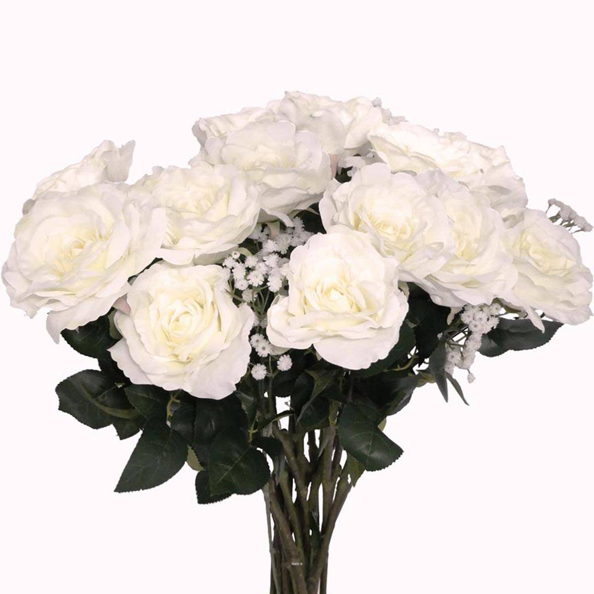 Bouquet artificiel création fleuriste calme blanc x15 roses H 75 cm - Image 1