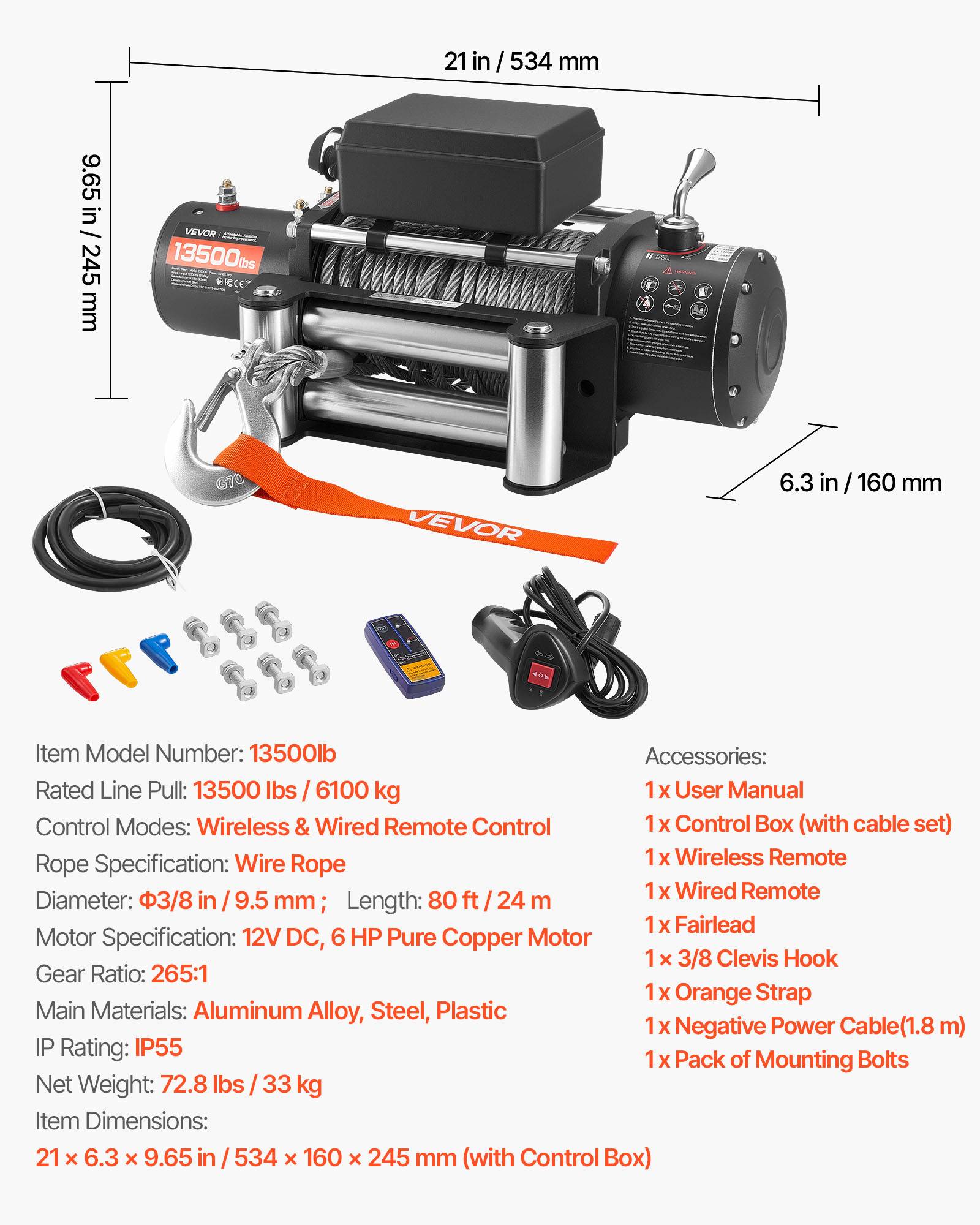 Vevor - VEVOR Treuil électrique 12 V CC 6 100 kg, câble acier Φ 9,5 mm x 24 m, télécommandes sans fil et filaire, IP55, pour SUV, pick-up et tout-terrain - Image 6