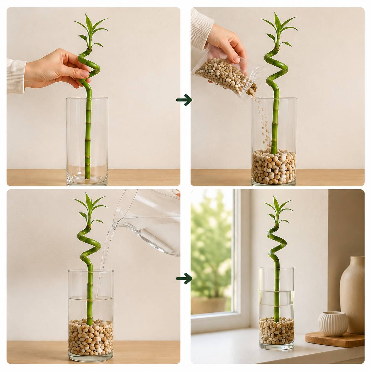 Lucky Bamboo 3x Dracaena sanderiana - Plante, Verre et Pierres - 40-45cm - Image 3