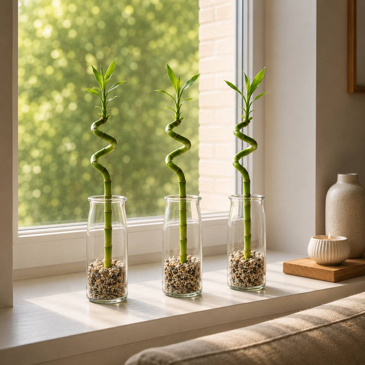 Lucky Bamboo 3x Dracaena sanderiana - Plante, Verre et Pierres - 40-45cm - Image 5