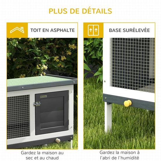 Clapier sur pied cage à lapin avec niche intérieur toit ouvrant porte verrouillable 90 x 45 x 65 cm gris foncé blanc - Image 9