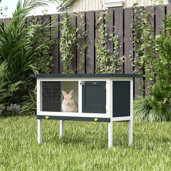Clapier sur pied cage à lapin avec niche intérieur toit ouvrant porte verrouillable 90 x 45 x 65 cm gris foncé blanc - Image 3
