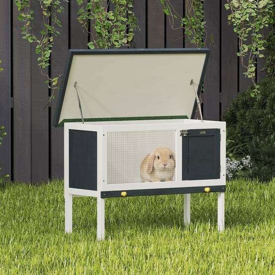Clapier sur pied cage à lapin avec niche intérieur toit ouvrant porte verrouillable 90 x 45 x 65 cm gris foncé blanc - Image 4