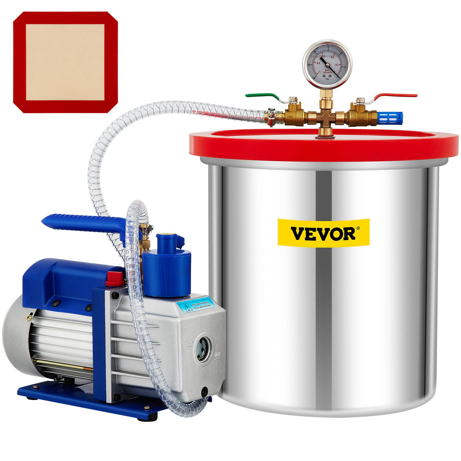 VEVOR Pompe à vide 141 L/min chambre à vide 19L avec pompe rotative 1 étage 5 CFM 1/3 HP. - Image 1