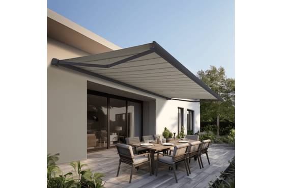 Ombrazur - Store banne Coffre intégral PROTECT 2 SMART Gris Anthracite 5x3,5m Motorisé à télécommande + Capteur Vent - Toile Grise Rayée - Image 2