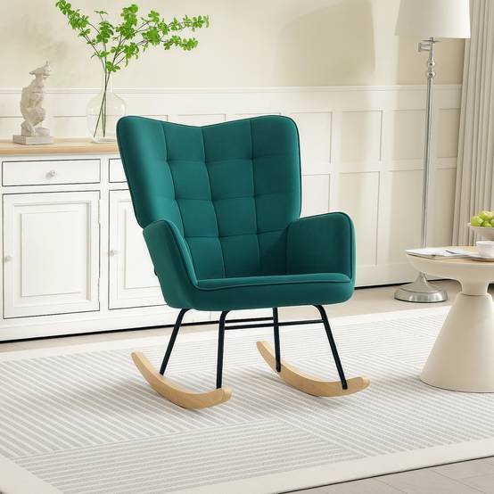 Sans Marque - Fauteuil à bascule rocking chair revêtement en velous structure en acier 71 x 98 x 101 cm Vert - Image 9