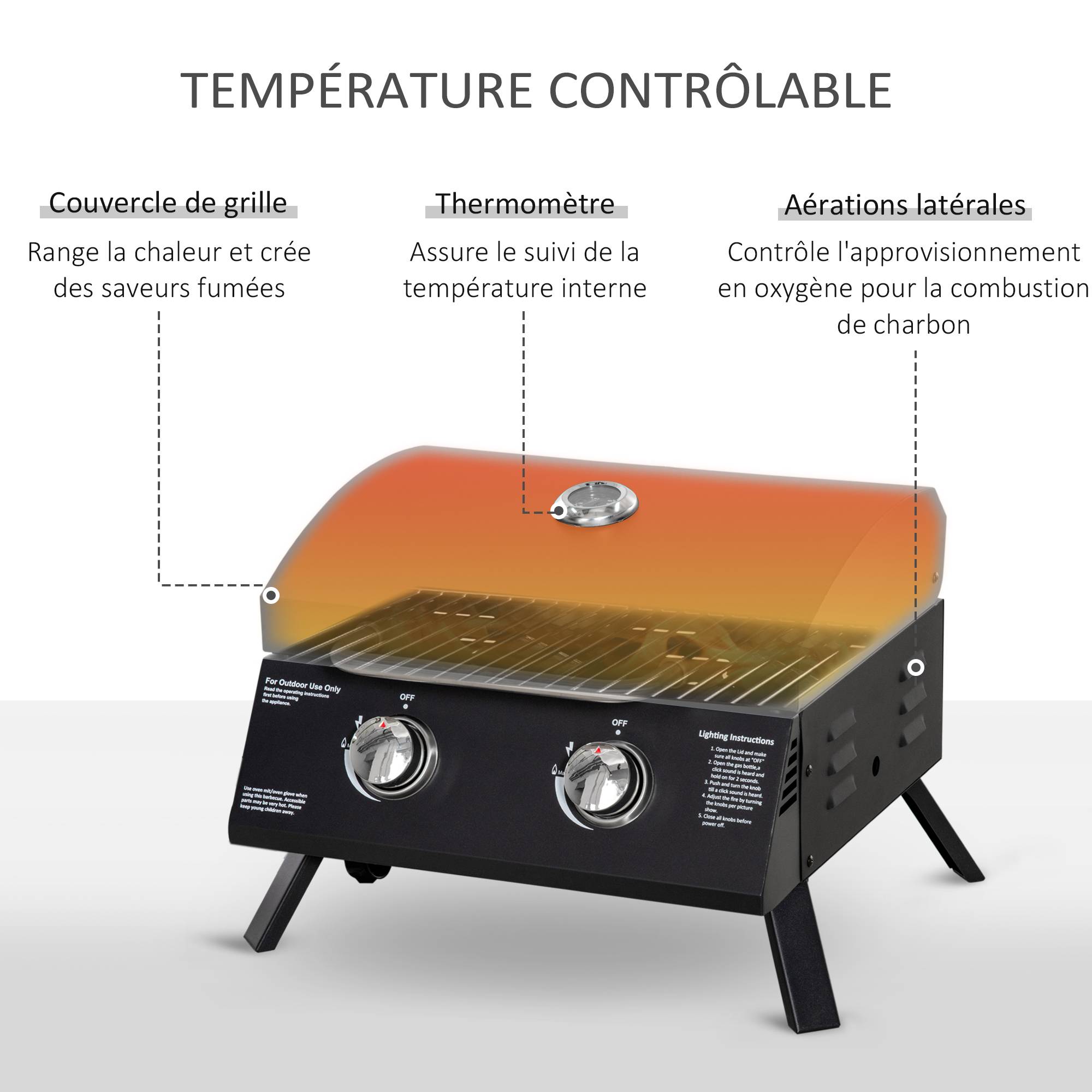 Barbecue gaz de Table transportable Pieds Pliables - 2 brûleurs 5 KW - Barbecue gaz de Camping - Grille de - Image 6