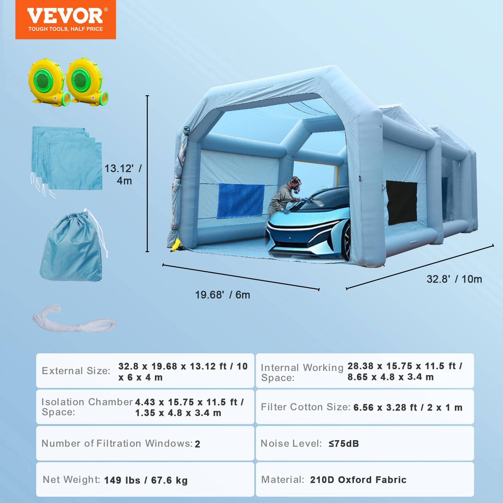 Vevor - VEVOR Cabine peinture gonflable 10x6x4 m, tissu Oxford 210D, système filtration, 2 souffleurs, pour atelier. - Image 7