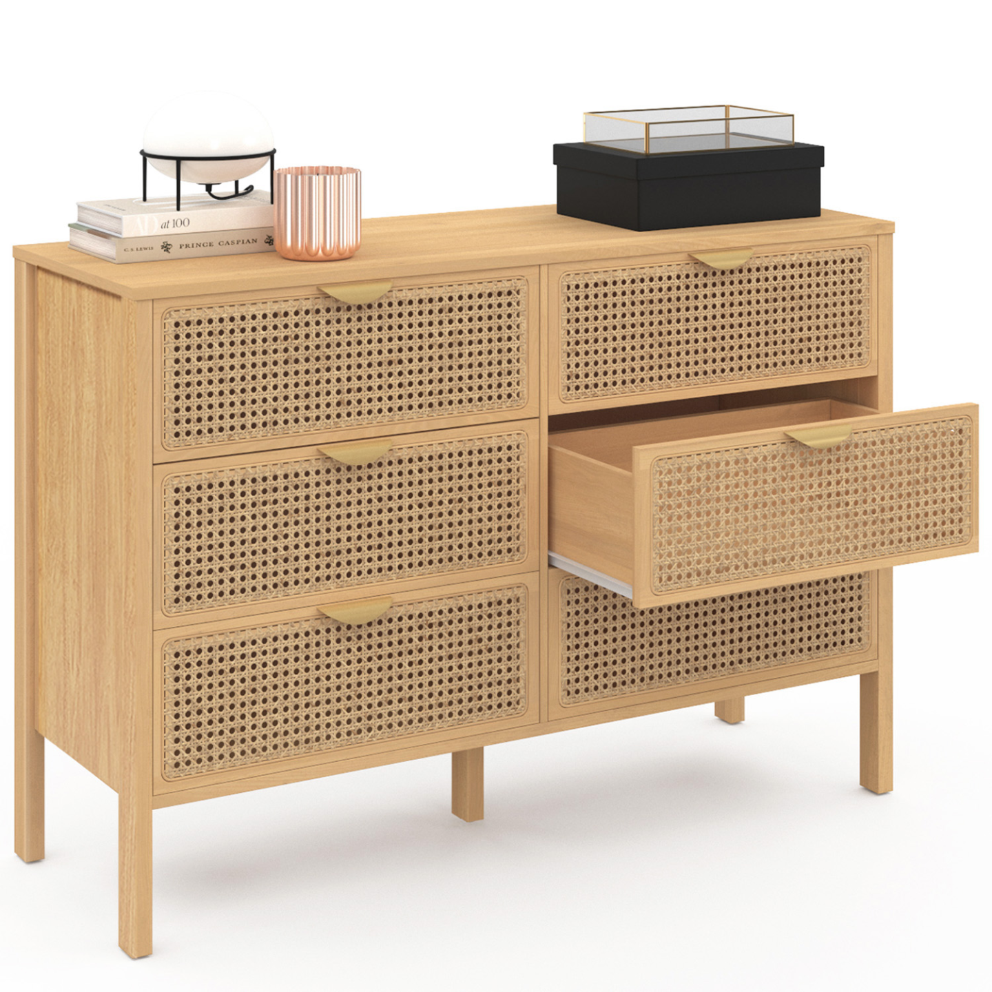 Commode 6 tiroirs EDHEN 115 cm bois et cannage - Image 4