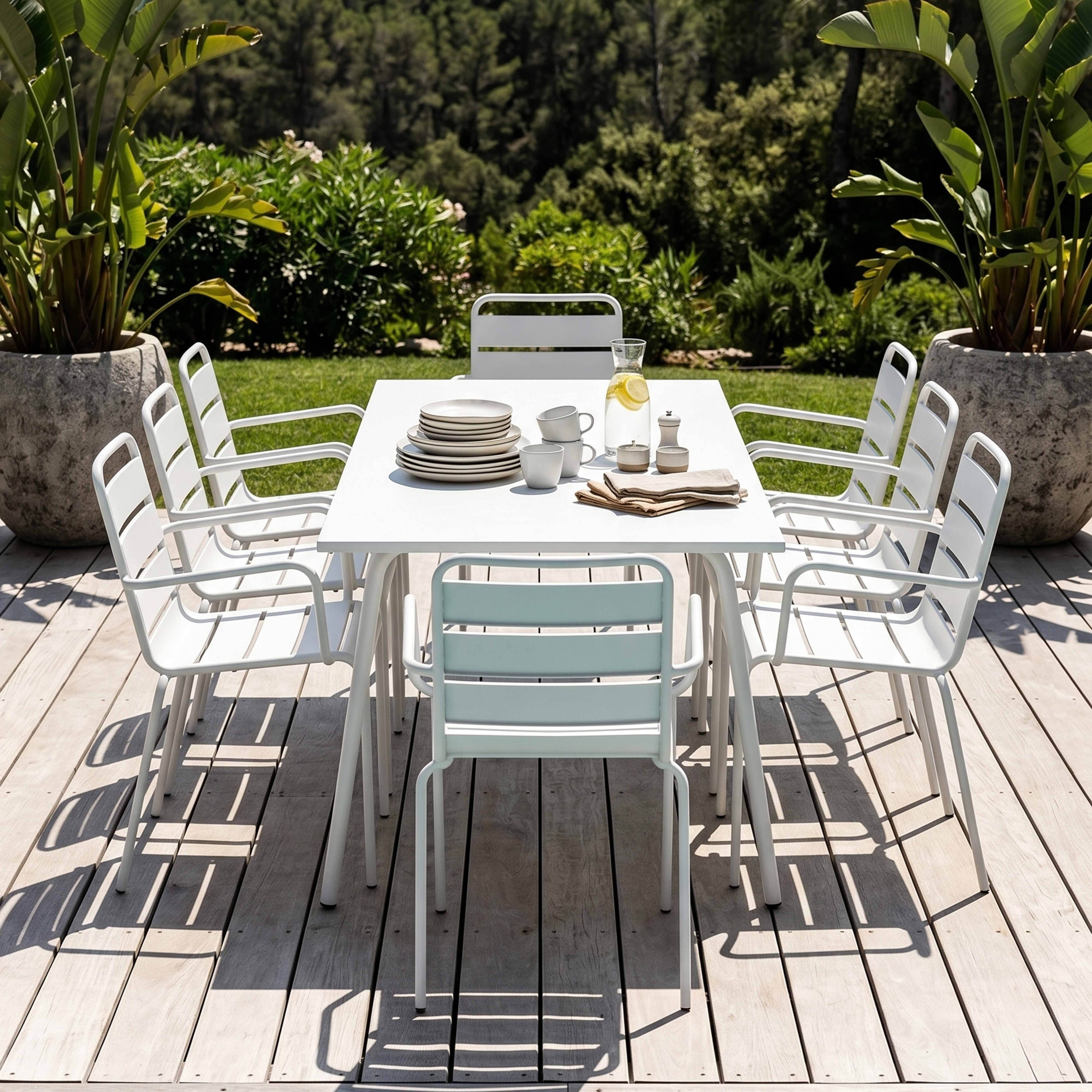 Oviala - Ensemble table de Jardin et 8 fauteuils en métal blanc Palavas - Oviala - Imagen 3
