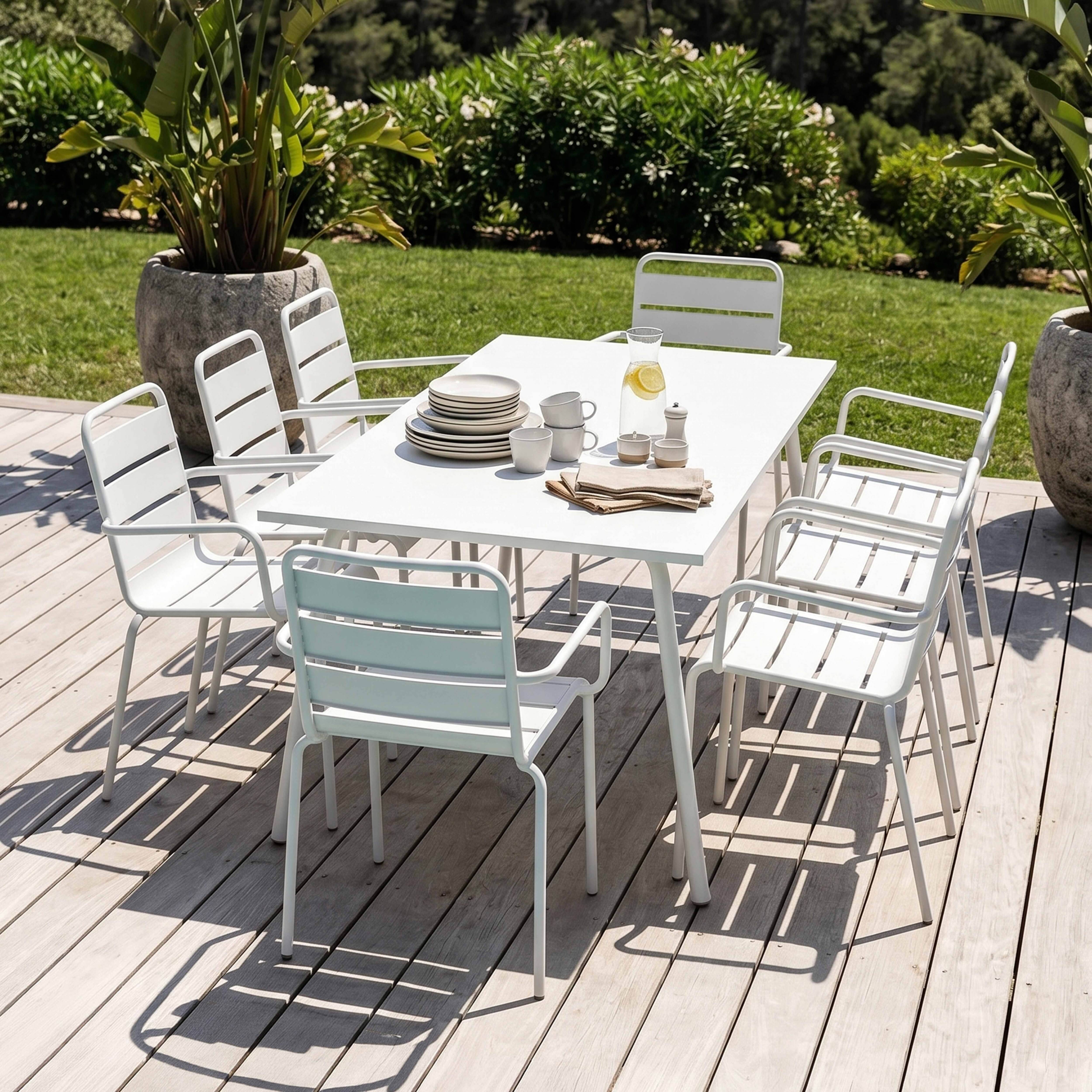 Oviala - Ensemble table de Jardin et 8 fauteuils en métal blanc Palavas - Oviala - Imagen 2