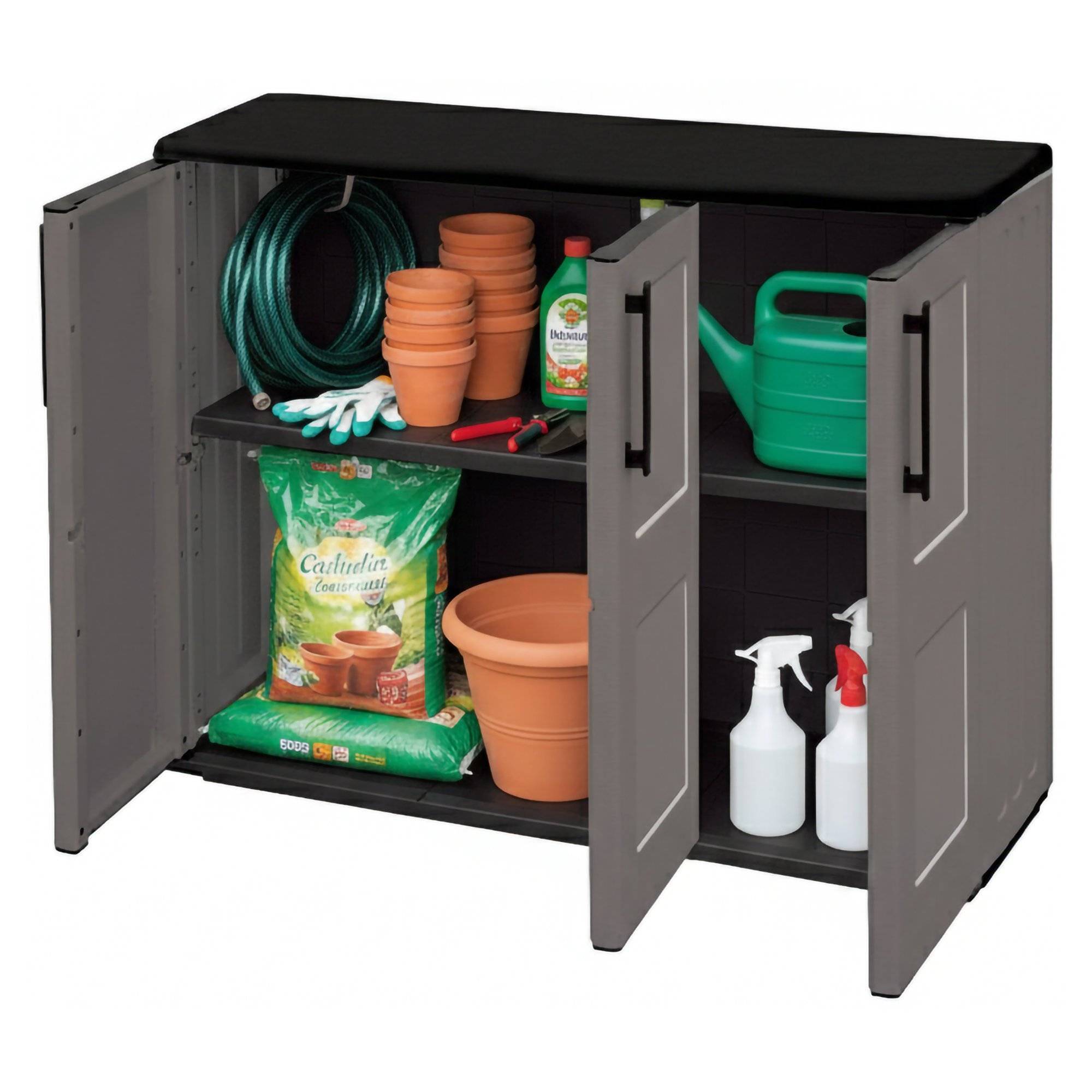 Dmora - Armoire d'extérieur Darmellin, Armoire de balcon polyvalente, Armoire d'extérieur 3 portes, 102x37h84 cm, Gris et Noir, Finition à carreaux - Dmora - Imagen 1