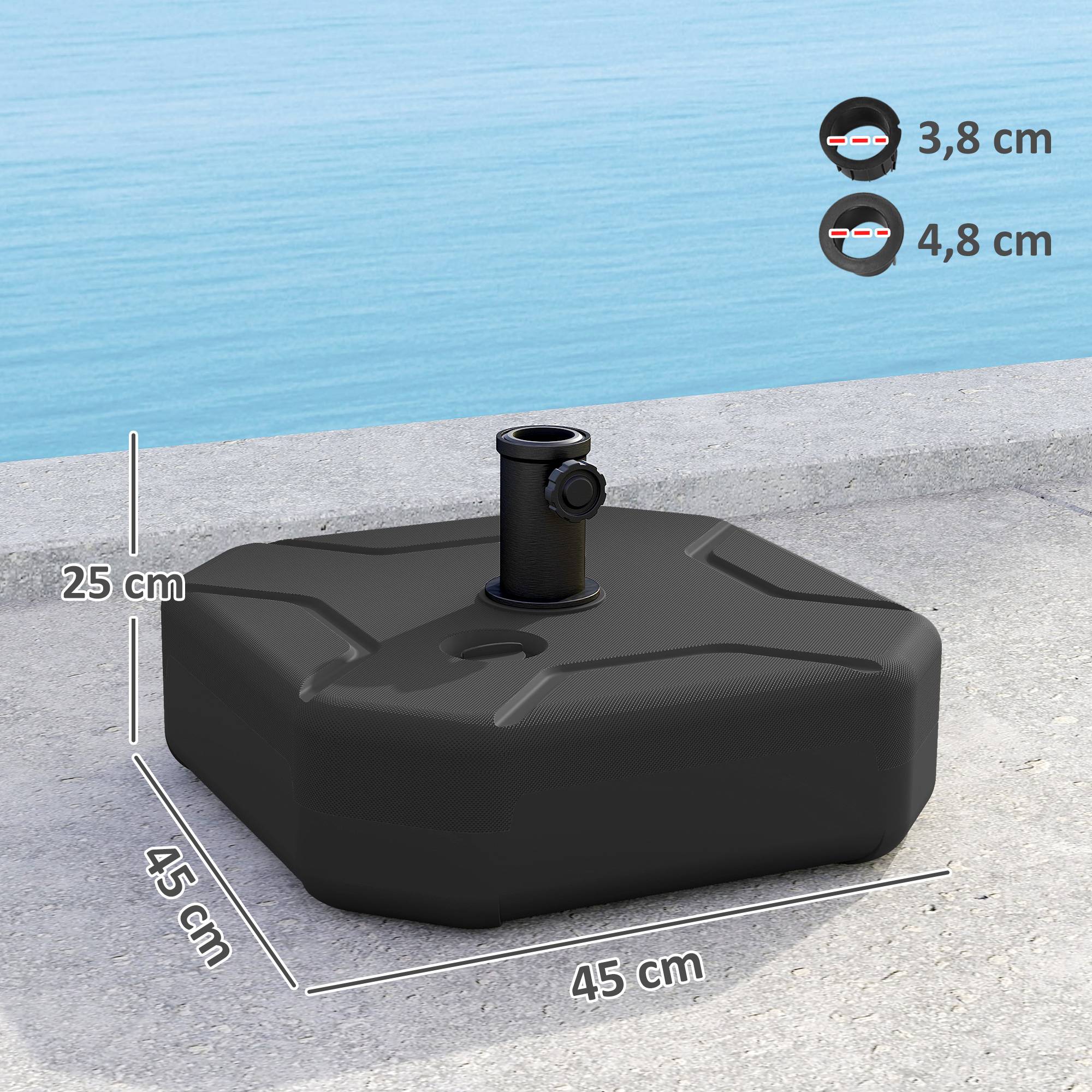 Outsunny - Pied de parasol Remplissable jusqu'à 25 kg avec Sable 20kg avec Eau - pour mât de Ø 38-48 mm - 45 x 45 x 25 cm - noir - Outsunny - Image 3