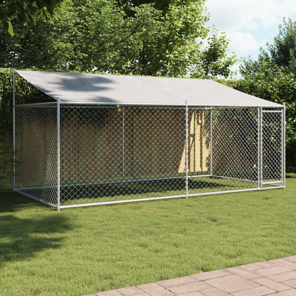 Parc pour Chien en Acier Galvanisé avec Toit pour Jardin Gris 4x2x2m – ComfortXL Outdoor Living - Image 1