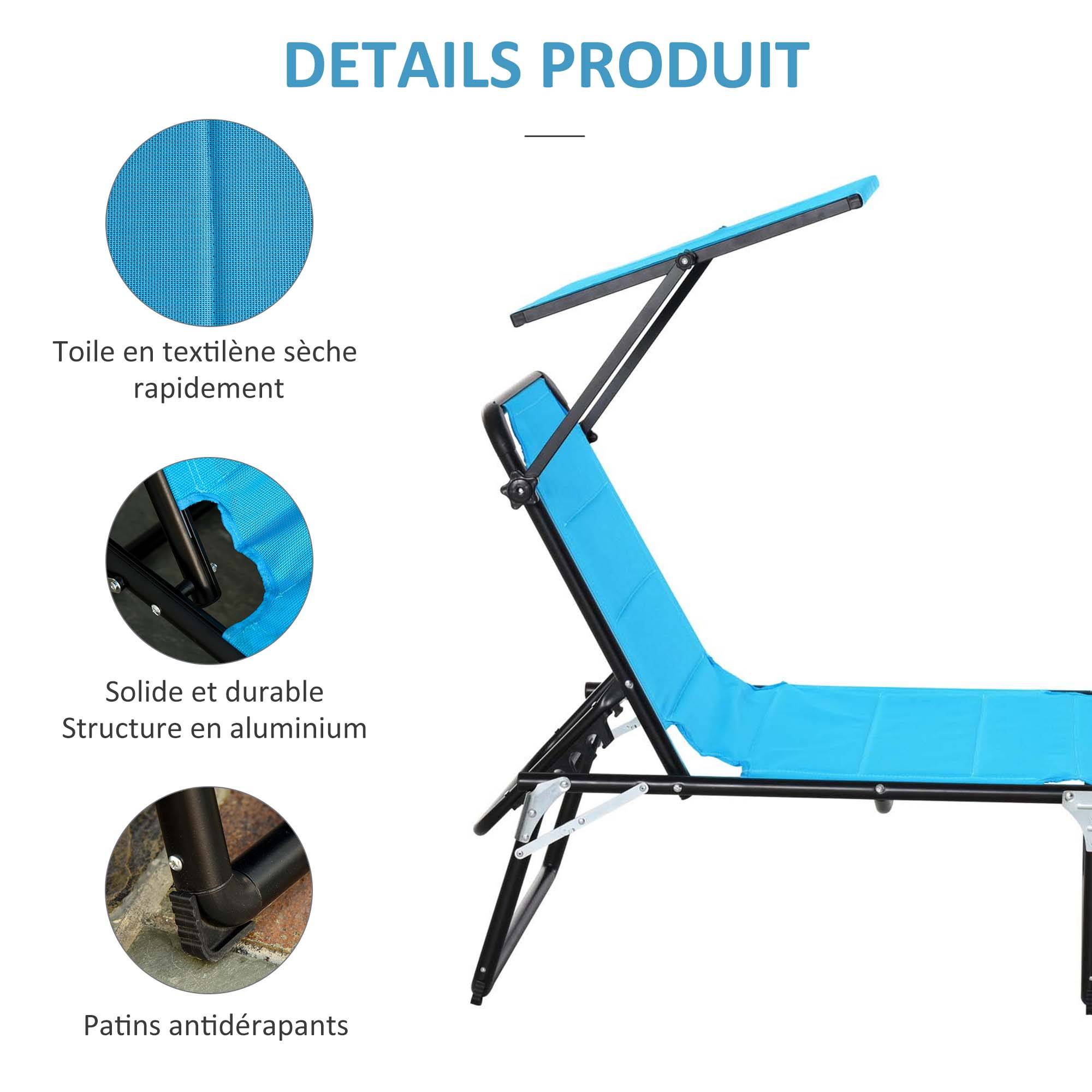 Outsunny - Bain de soleil transat pliable grand confort dossier pare-soleil réglables multi-positions alu. textilène bleu - Outsunny - Imagen 7