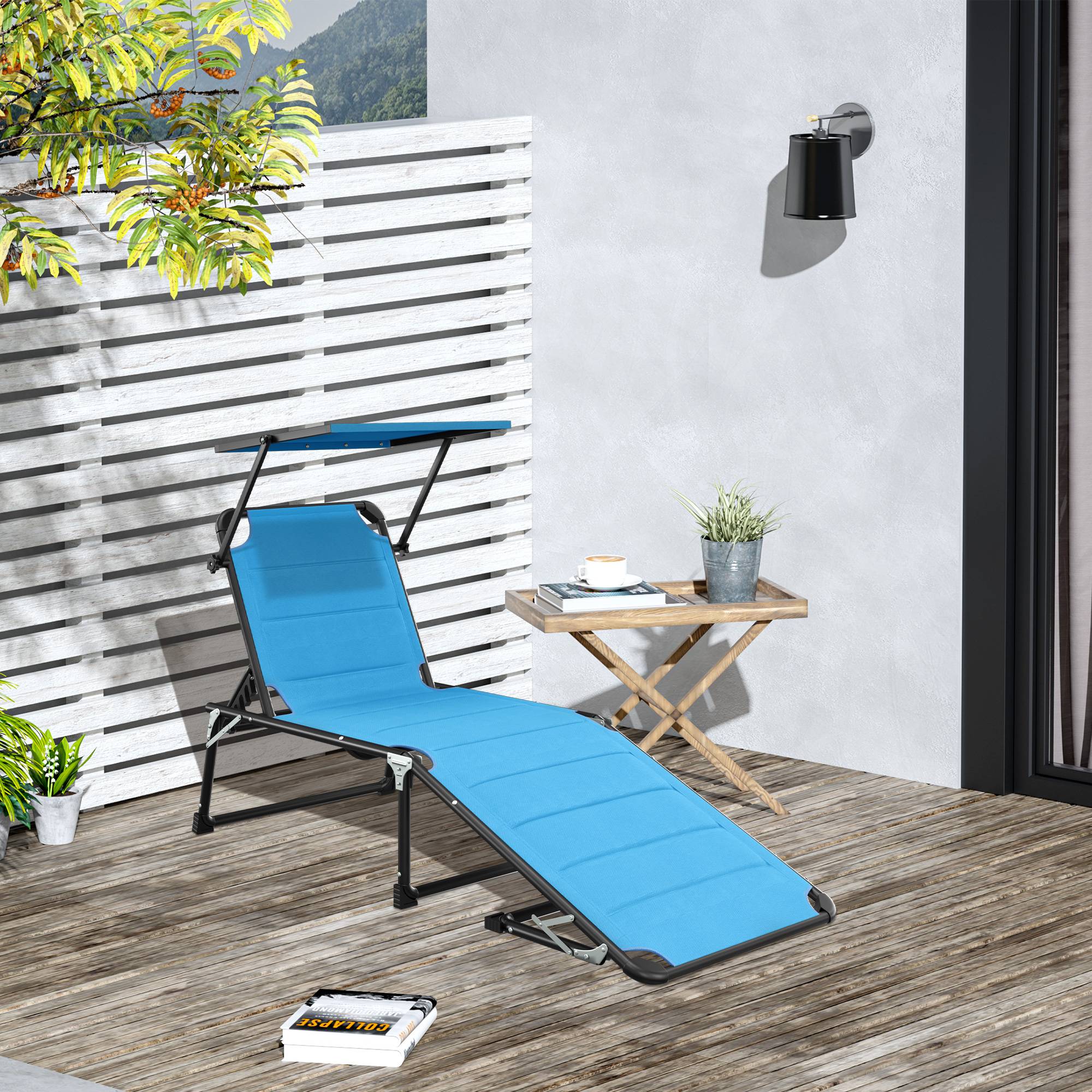 Outsunny - Bain de soleil transat pliable grand confort dossier pare-soleil réglables multi-positions alu. textilène bleu - Outsunny - Imagen 2