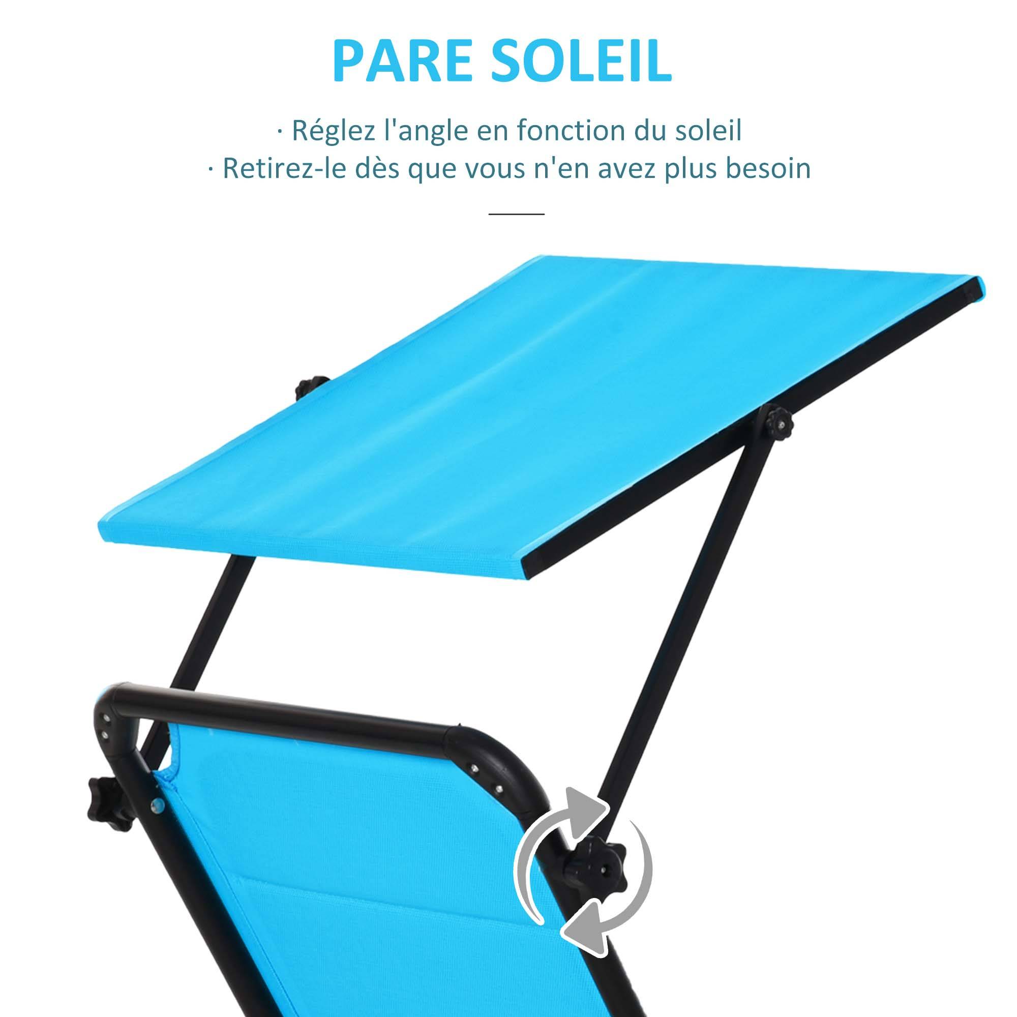 Outsunny - Bain de soleil transat pliable grand confort dossier pare-soleil réglables multi-positions alu. textilène bleu - Outsunny - Imagen 5