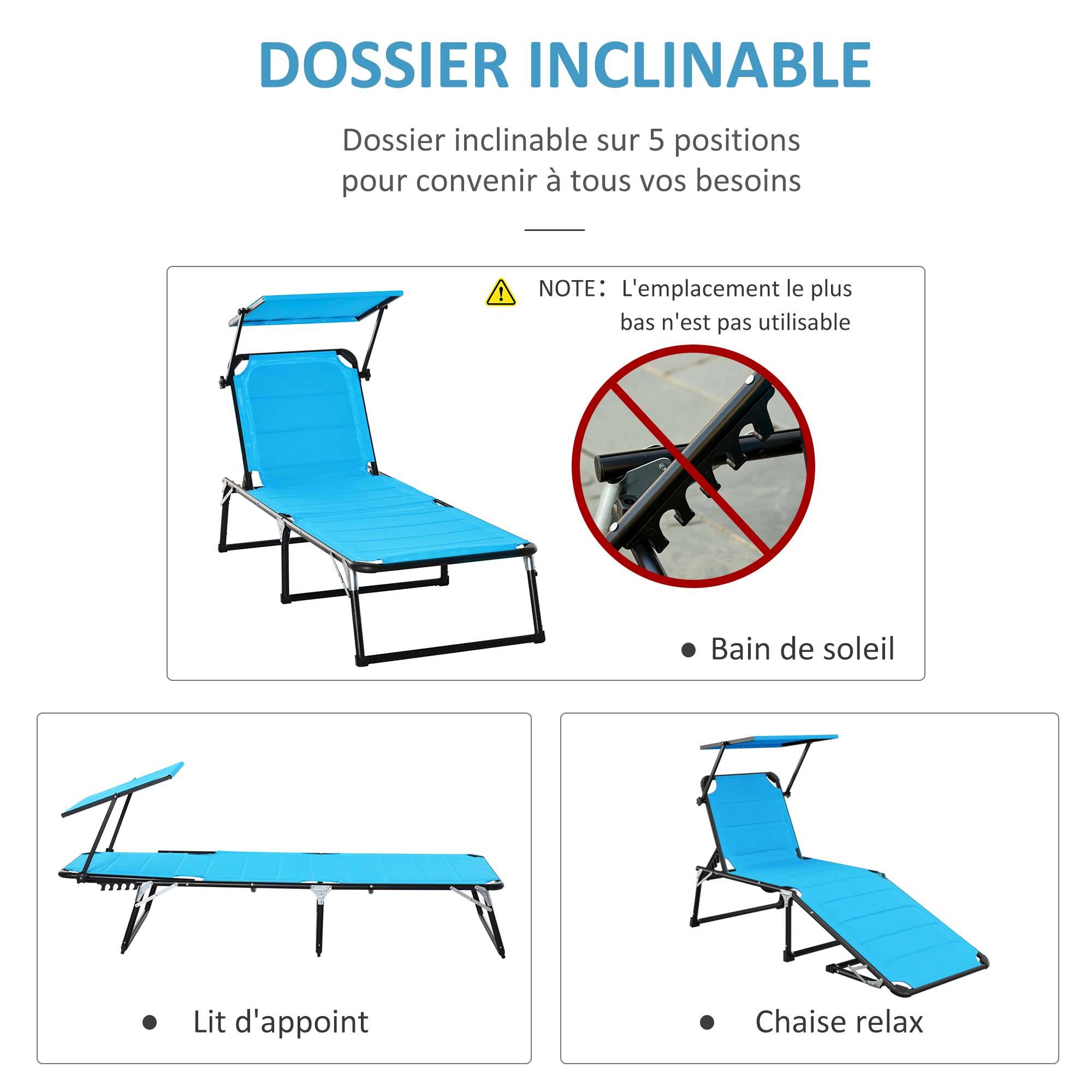Outsunny - Bain de soleil transat pliable grand confort dossier pare-soleil réglables multi-positions alu. textilène bleu - Outsunny - Imagen 4