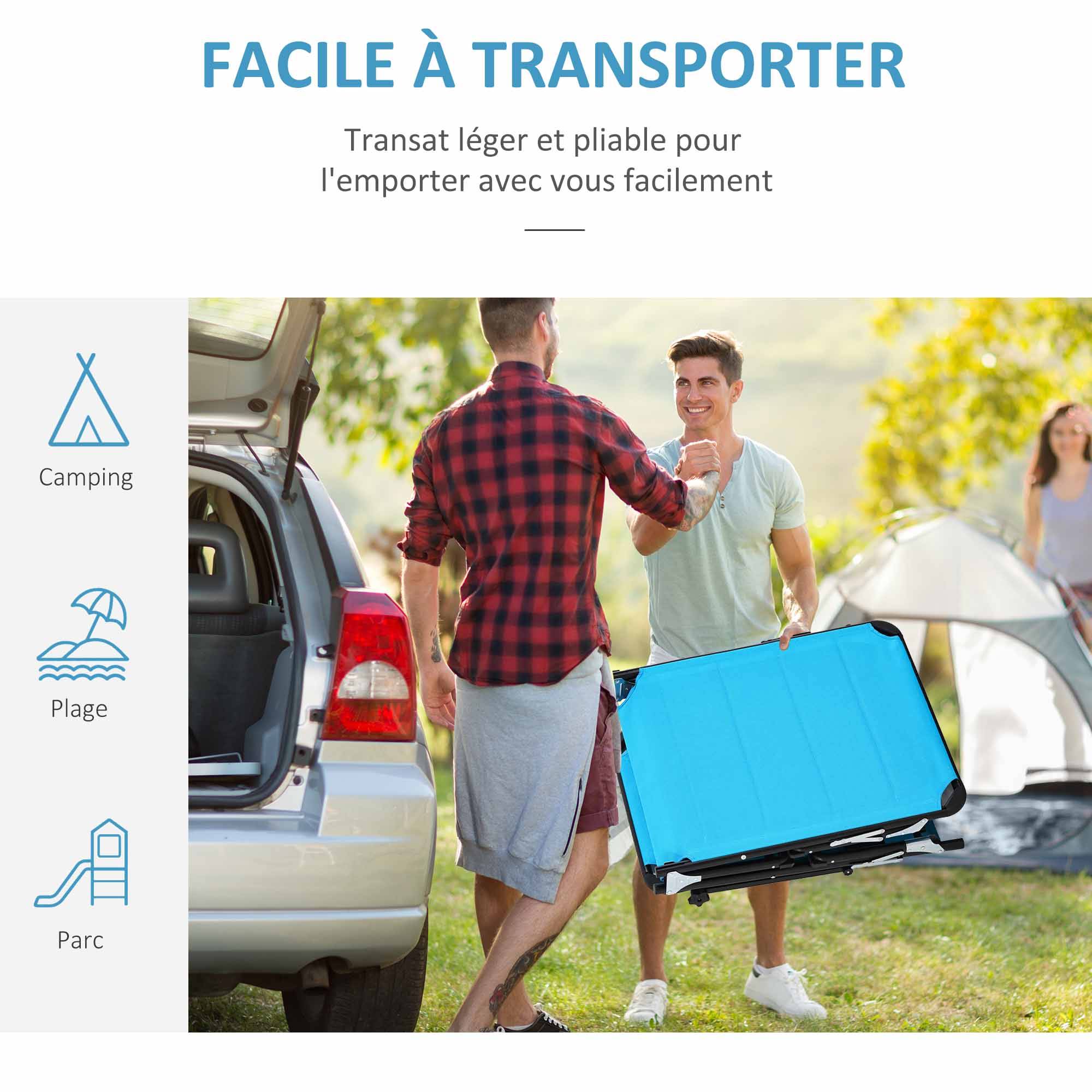 Outsunny - Bain de soleil transat pliable grand confort dossier pare-soleil réglables multi-positions alu. textilène bleu - Outsunny - Imagen 6
