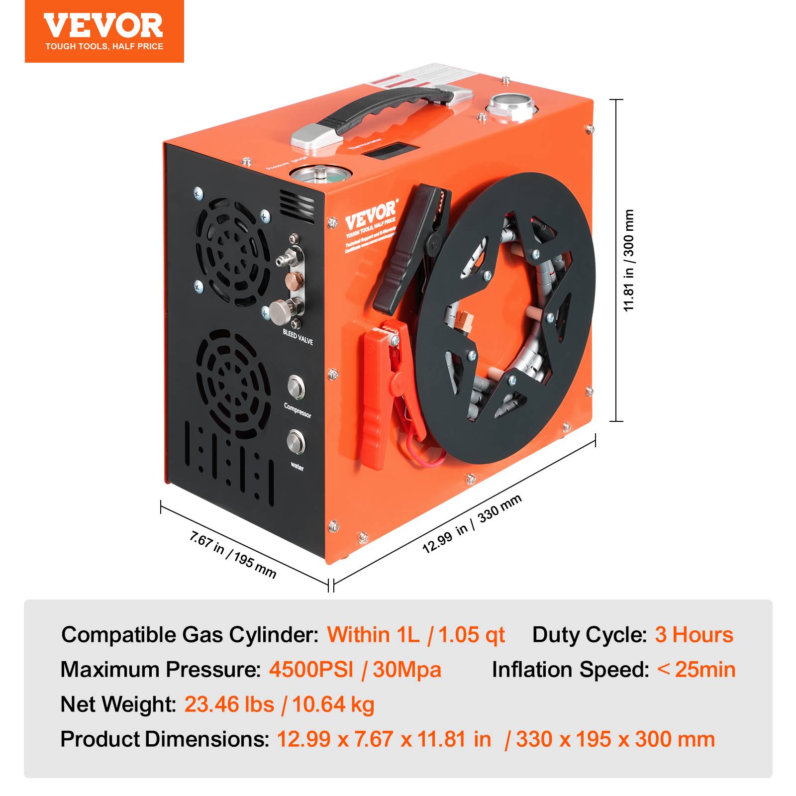 VEVOR Compresseur PCP portable 30 MPa, refroidissement eau + ventilateur, arrêt auto, 12V/230V. - Image 7
