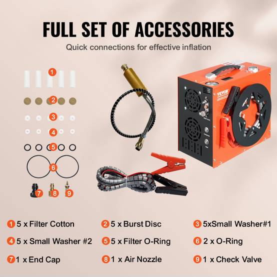VEVOR Compresseur PCP portable 30 MPa, refroidissement eau + ventilateur, arrêt auto, 12V/230V. - Image 6