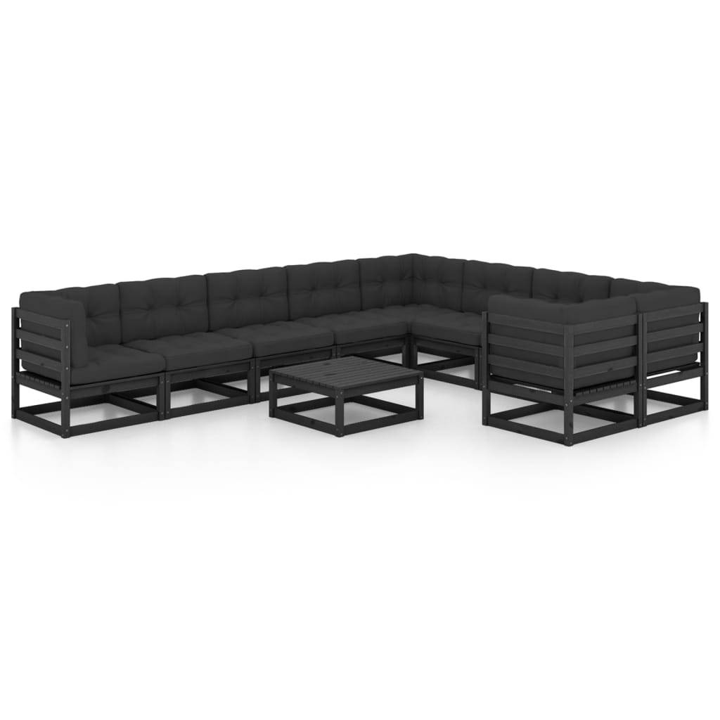 Helloshop26 - Salon de jardin meuble d'extérieur ensemble de mobilier 10 pièces avec coussins noir bois de pin massif - Imagen 1