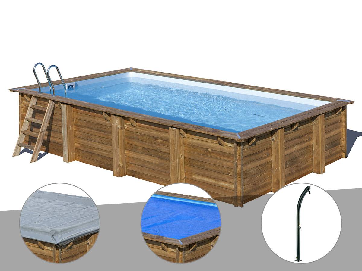 Gré - Kit piscine bois Gré Evora 6,20 x 4,20 x 1,33 m + Bâche hiver + Bâche à bulles + Douche