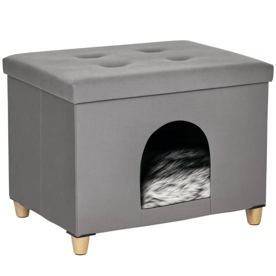 Niche Chat Tabouret 2en1 MDF Peluche Repose-Pieds Design Gris 60x45cm - ComfortXL Pet Living - Image 2