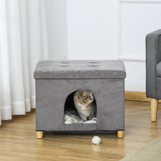 Niche Chat Tabouret 2en1 MDF Peluche Repose-Pieds Design Gris 60x45cm - ComfortXL Pet Living - Image 8
