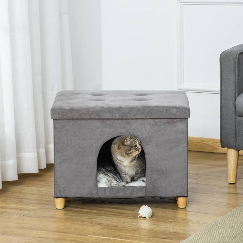 Niche Chat Tabouret 2en1 MDF Peluche Repose-Pieds Design Gris 60x45cm - ComfortXL Pet Living - Image 8